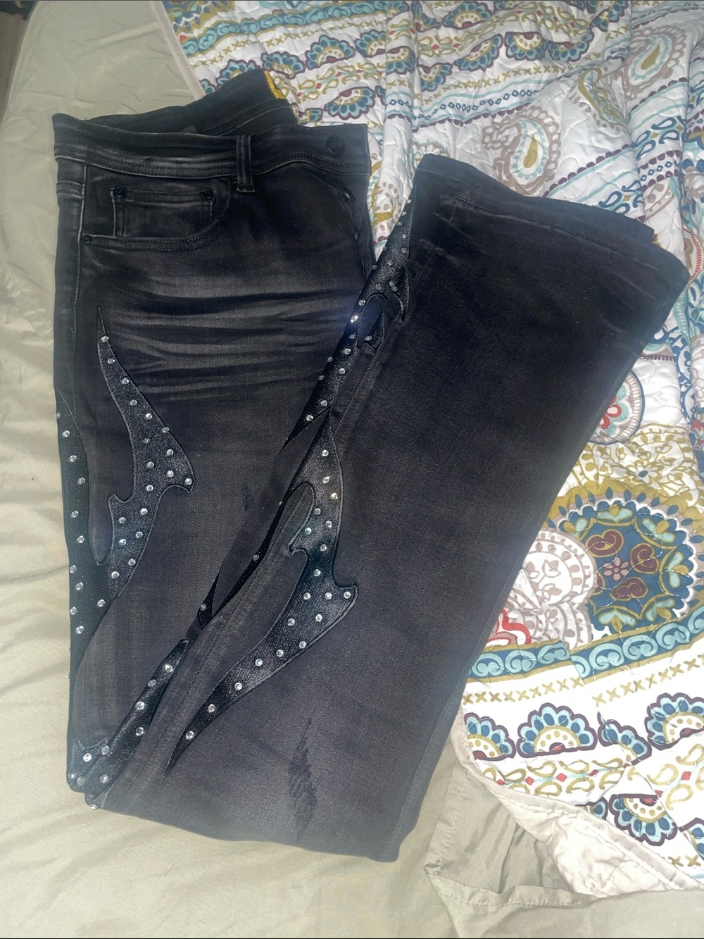 Men's Slim Straight Black Jeans with Studded Flame detail stretchy comfy stylish